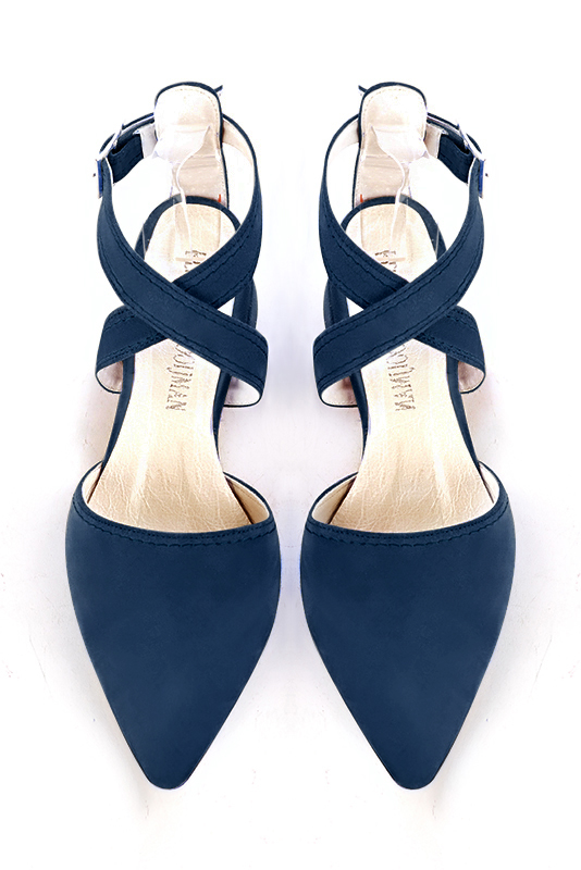 Navy blue women's open back shoes, with crossed straps. Tapered toe. Low flare heels. Top view - Florence KOOIJMAN